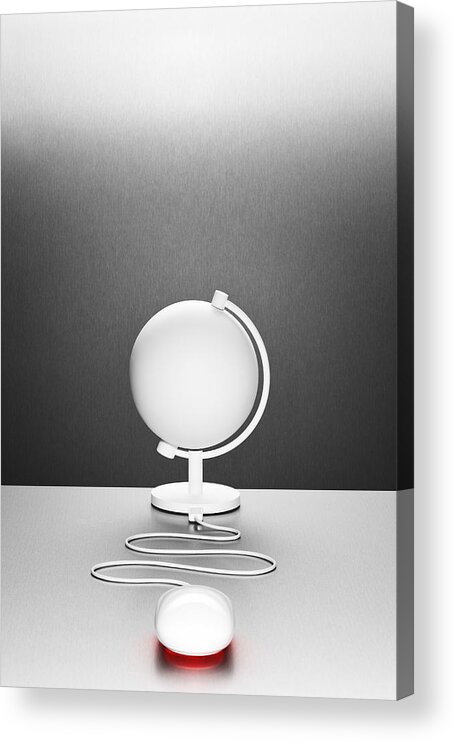 Working Acrylic Print featuring the photograph A computer mouse connected to a white desk globe by Creative Crop