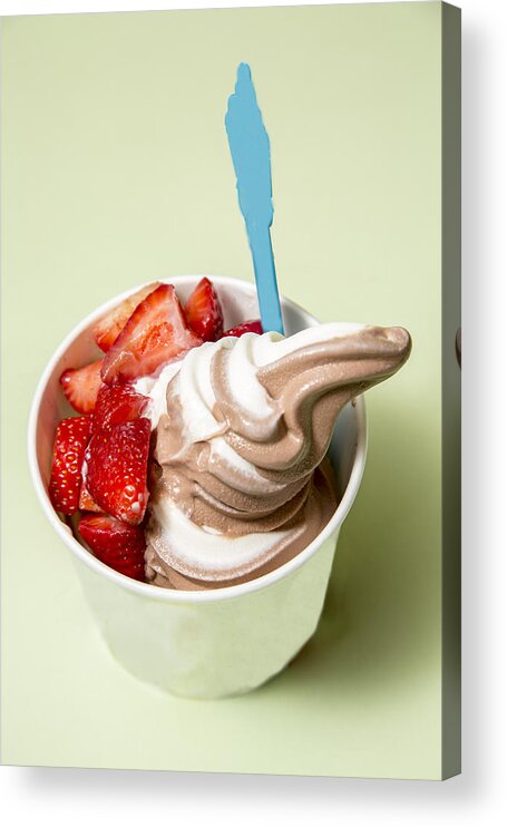 Sugar Acrylic Print featuring the photograph A cup of frozen yogurt with sliced strawberries. by Stephanie Hager - HagerPhoto
