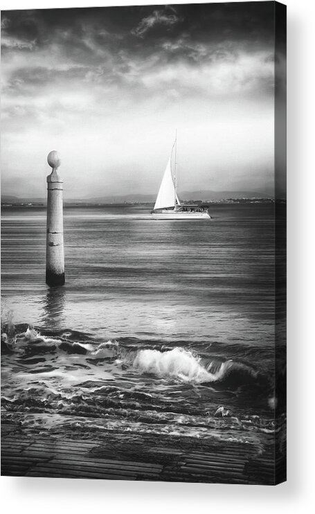 Lisbon Acrylic Print featuring the photograph A Lisbon Sunset by The Tagus River Black and White by Carol Japp