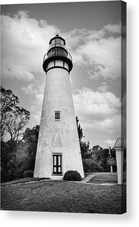 Clouds Acrylic Print featuring the photograph Amelia Island Lighthouse in the Clouds in Black and White by Debra and Dave Vanderlaan