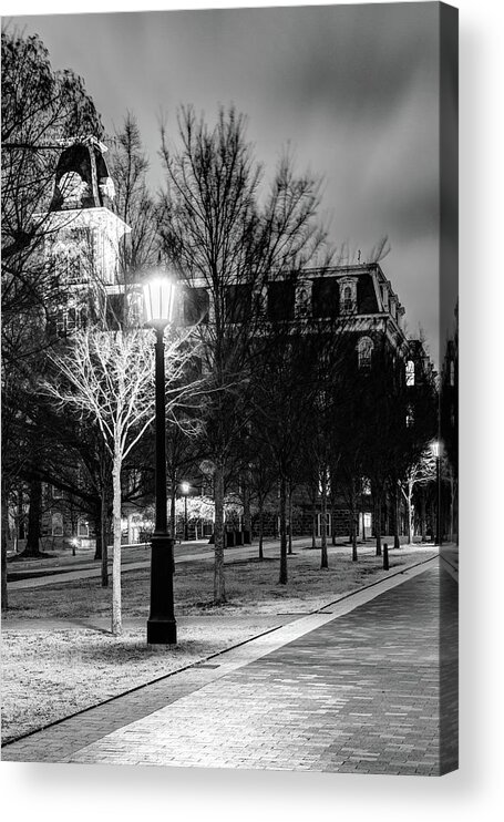 Old Main Print Acrylic Print featuring the photograph Twilight Path To A Fayetteville Arkansas Icon - Black And White by Gregory Ballos