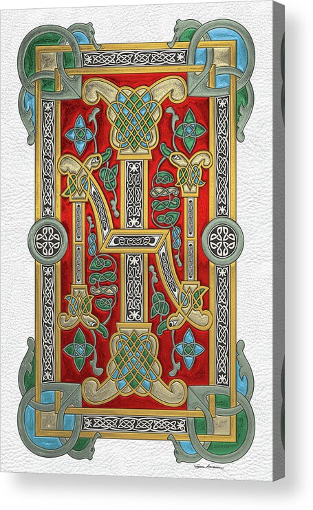 ‘celtic Treasures’ Collection By Serge Averbukh Acrylic Print featuring the digital art Ancient Celtic Runes of Hospitality and Potential - Illuminated Plate over White Leather by Serge Averbukh