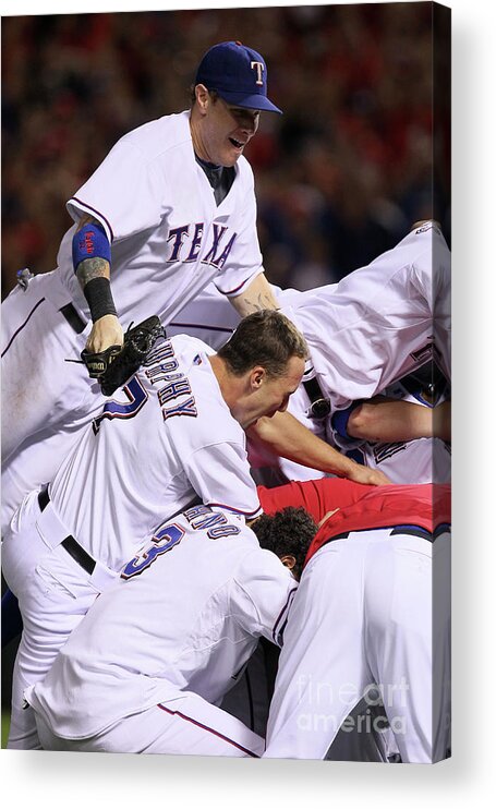 Playoffs Acrylic Print featuring the photograph Andres Blanco, Josh Hamilton, and David Murphy by Stephen Dunn