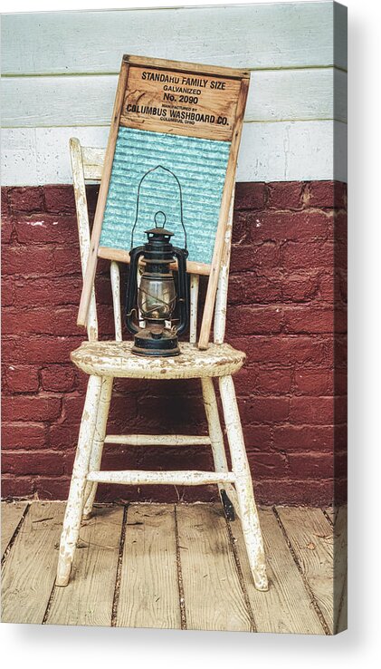 Old Acrylic Print featuring the photograph Antique Washboard And Lantern On Weathered Wooden Chair by Gary Slawsky