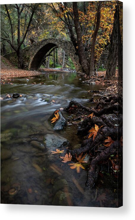 Autumn Acrylic Print featuring the photograph Autumn landscape with river flowing under a stoned bridge by Michalakis Ppalis