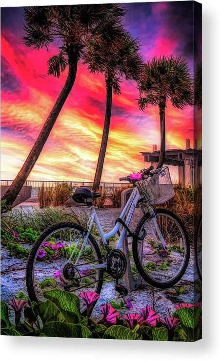 Bike Acrylic Print featuring the photograph Beach Bike in the Morning Glories Painting by Debra and Dave Vanderlaan