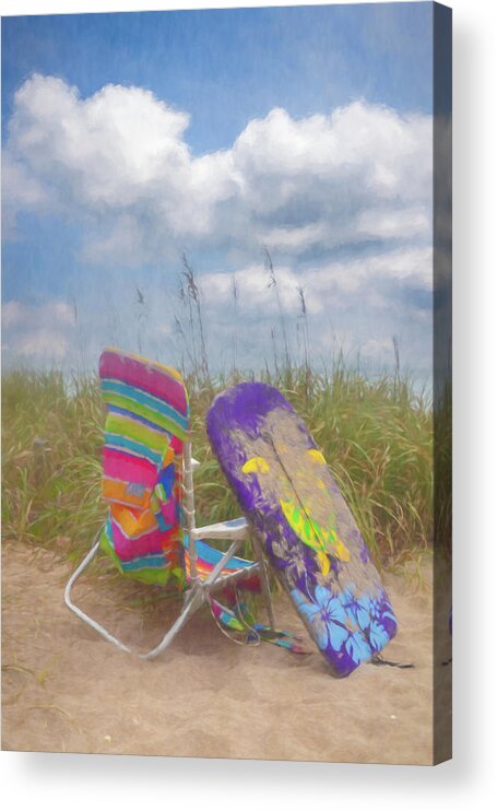 Clouds Acrylic Print featuring the photograph Beach Fun Awaits Watercolor Painting by Debra and Dave Vanderlaan