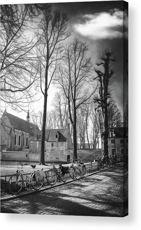 Bruges Acrylic Print featuring the photograph Bicycles of Bruges Belgium Black and White by Carol Japp