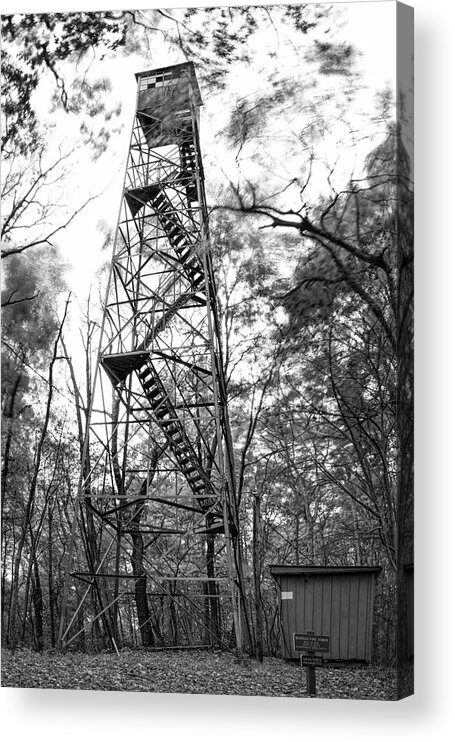 Black Acrylic Print featuring the photograph Big Ridge Fire Tower in Black and White by Carolyn Hutchins