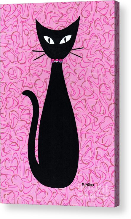 Mid Century Modern Black Cat Acrylic Print featuring the mixed media Black Cat with Pink Rhinestone Collar by Donna Mibus