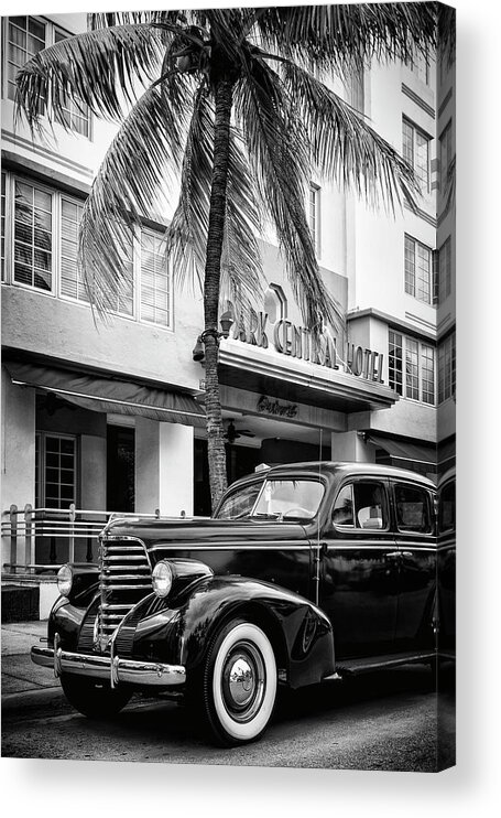 Florida Acrylic Print featuring the photograph Black Florida Series - Miami Beach Classic Car by Philippe HUGONNARD