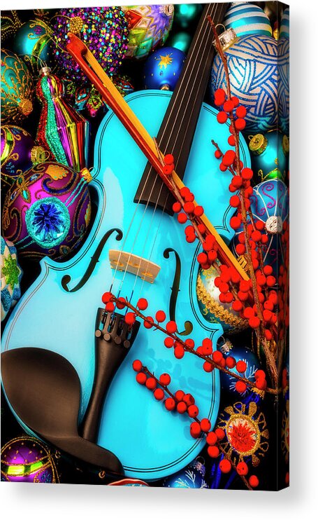 Abundance Red Fancy Acrylic Print featuring the photograph Blue Violin And Ornaments by Garry Gay