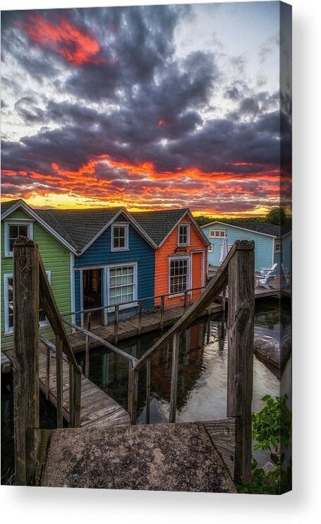 Boathouses At Sunset Acrylic Print featuring the photograph Boathouses At Sunset by Mark Papke