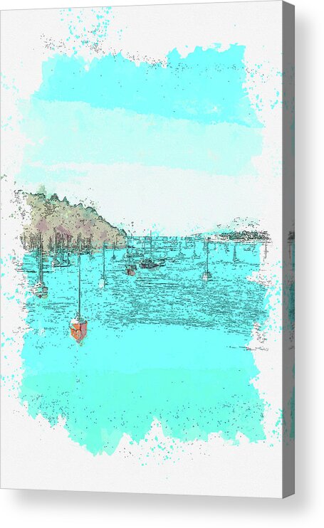 Boats Floating On Bay Watercolor Acrylic Print featuring the painting Boats Floating on Bay by Celestial Images