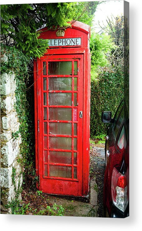 Buckland In The Moor Red Telephone Box Dartmoor Acrylic Print featuring the photograph Buckland in the Moor Red Telephone Box Dartmoor by Helen Jackson