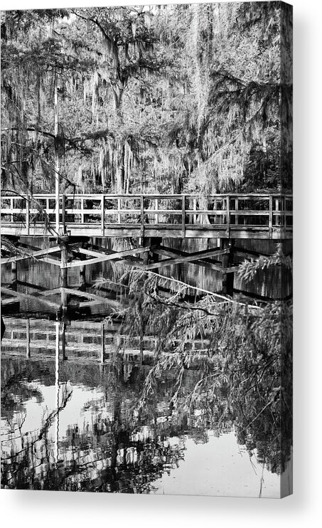 Caddo Lake Acrylic Print featuring the photograph Caddo Lake State Park Mill Pond Wooden Pier Reflection Texas Black and White by Shawn O'Brien
