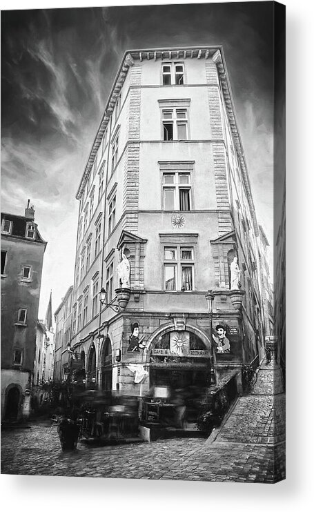 Lyon Acrylic Print featuring the photograph Cafe du Soleil Lyon France Black and White by Carol Japp