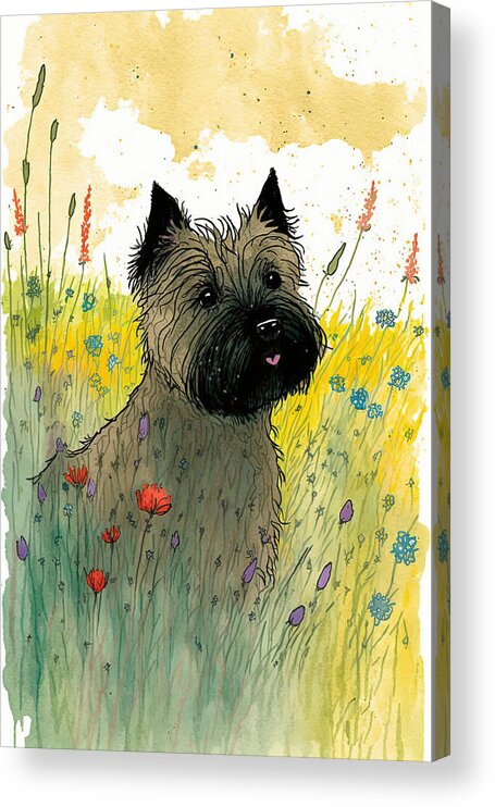 Cairn Terrier Acrylic Print featuring the digital art Cairn Terrier in a flower field 2 by Debbie Brown
