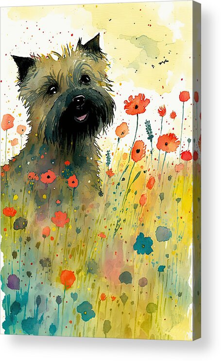 Cairn Terrier Acrylic Print featuring the digital art Cairn Terrier in a flower field 3 by Debbie Brown