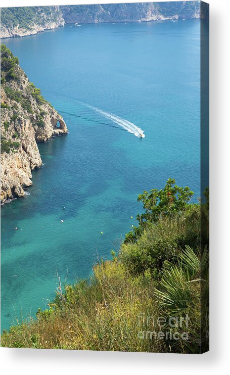 Mediterranean Sea Acrylic Print featuring the photograph Seawater and motor boat. Cala de la Granadella by Adriana Mueller