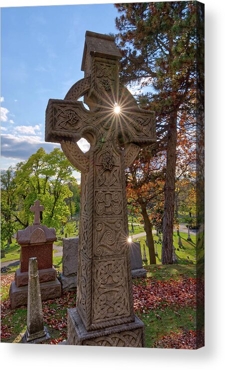 Celtic Acrylic Print featuring the photograph Celtic Cross Tombstone on hill of Calvary Chapel in Milwaukee WI by Peter Herman