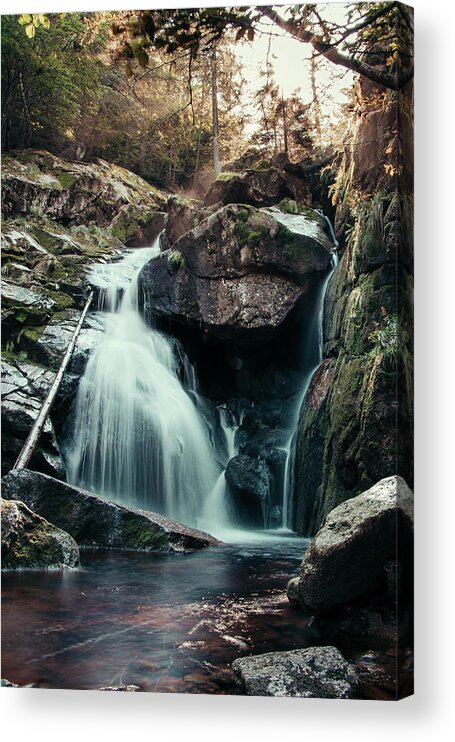Jizera Mountains Acrylic Print featuring the photograph Cerny potok waterfall in Jizera mountains at sunset by Vaclav Sonnek