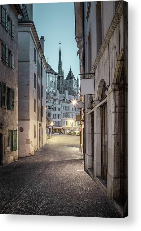 Medieval Acrylic Print featuring the photograph Cityscape of the old town of Geneva at blue hour by Benoit Bruchez