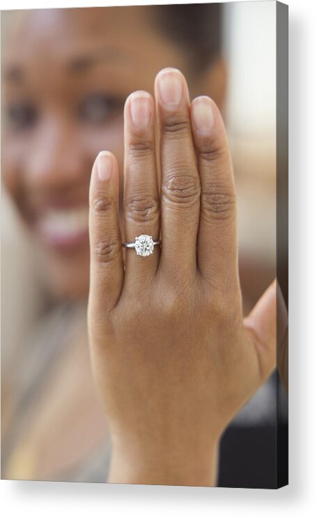 40-44 Years Acrylic Print featuring the photograph Close up of hand with engagement ring by Jose Luis Pelaez Inc