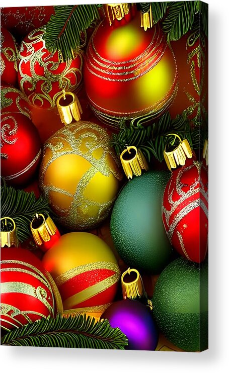 Digital Christmas Ornaments Colorful Gold Acrylic Print featuring the digital art Colorful Christmas Ornaments by Beverly Read
