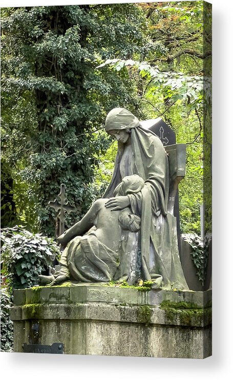 Woman Acrylic Print featuring the photograph Comfort in Olsany Cemetery Prague by Mary Lee Dereske