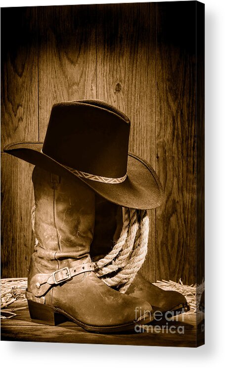 Antique Acrylic Print featuring the photograph Cowboy Hat on Boots - Sepia by Olivier Le Queinec