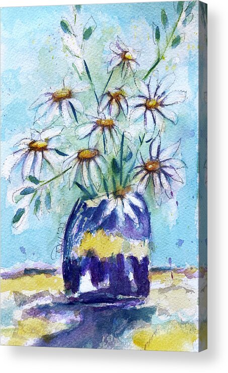 Loose Floral Acrylic Print featuring the painting Daisies in a Purple Vase by Roxy Rich