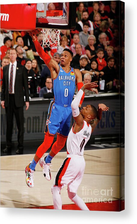 Playoffs Acrylic Print featuring the photograph Damian Lillard and Russell Westbrook by Cameron Browne