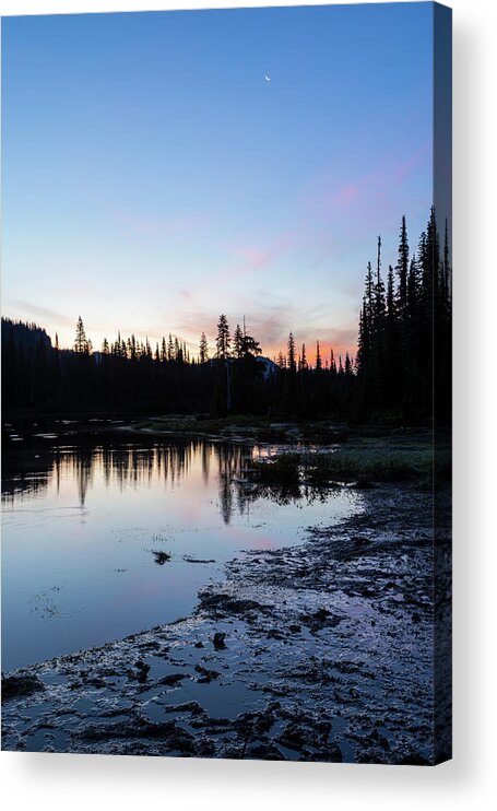 Outdoor; Dawn; Daybreak; Waxing Crescent Moon; Color; Lake; Alpine Lake; Washington Beauty Acrylic Print featuring the digital art Dawn at Alpine Lake by Michael Lee