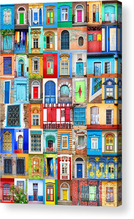 Doors Acrylic Print featuring the photograph Doors and windows of the world, colorful collage by Delphimages Photo Creations