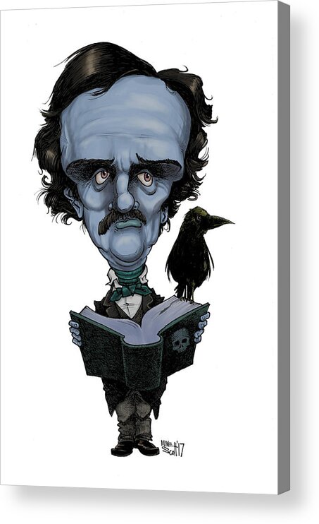 Caricature Acrylic Print featuring the drawing Edgar Allan Poe, blue by Mike Scott