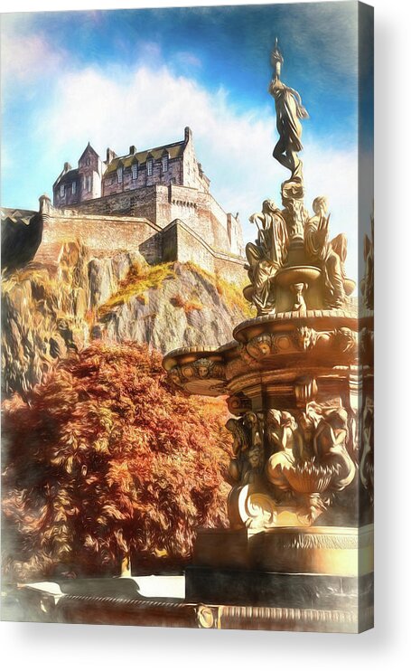 Edinburgh Castle Acrylic Print featuring the photograph Edinburgh Castle and Ross Fountain Edinburgh Scotland Painterly by Carol Japp