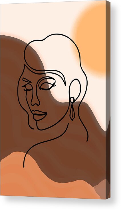 Modern Woman Print Acrylic Print featuring the drawing Face Line Art and Abstract sunset and Mountains Printable Art, Woman Face Line Drawing, Boho Decor by Mounir Khalfouf
