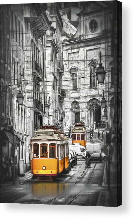 Lisbon Acrylic Print featuring the photograph Famous Yellow Streetcars of Lisbon Portugal by Carol Japp