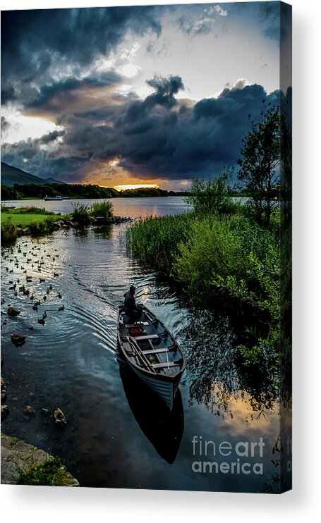 Ireland Acrylic Print featuring the photograph Fisher boat returns at sunset from Lough Leane in Killarney National Park in Ireland by Andreas Berthold