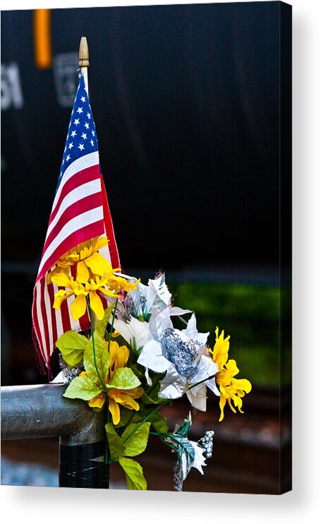 American Flag Acrylic Print featuring the photograph Flag, Flowers, and Freight Train by Steve Ember