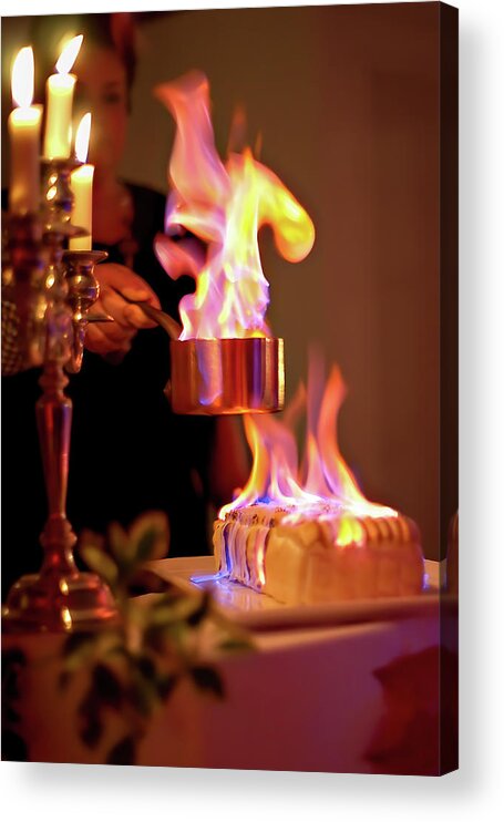 Alcohol Acrylic Print featuring the photograph Flambeed Norwegian omelet, Baked Alaska by Jean-Luc Farges