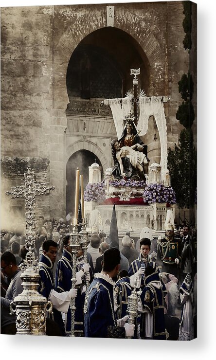 Easter Acrylic Print featuring the photograph Float of Our Lady of the Alhambra and marching band outside the Alhambra's Puerta de la Justicia, for their annual Easter procession on Holy Saturday in Granada, Andalucia, Spain by Photo by Victor Ovies Arenas