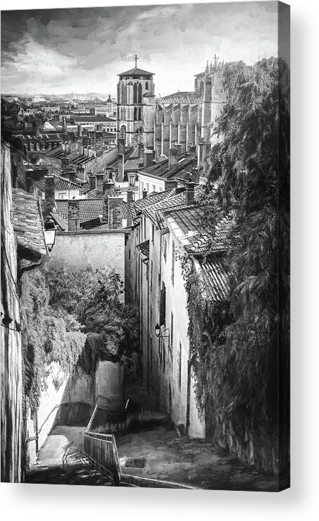 Lyon Acrylic Print featuring the photograph Fourviere Hill to Vieux Lyon France Black and White by Carol Japp