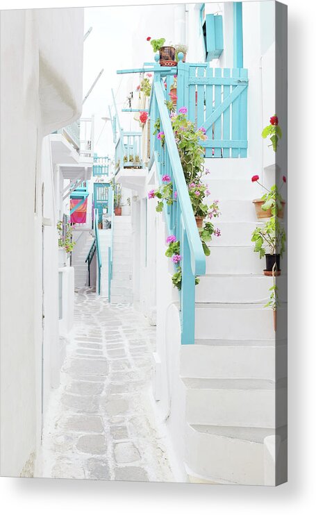 Greece Acrylic Print featuring the photograph Geraniums and Blue by Lupen Grainne