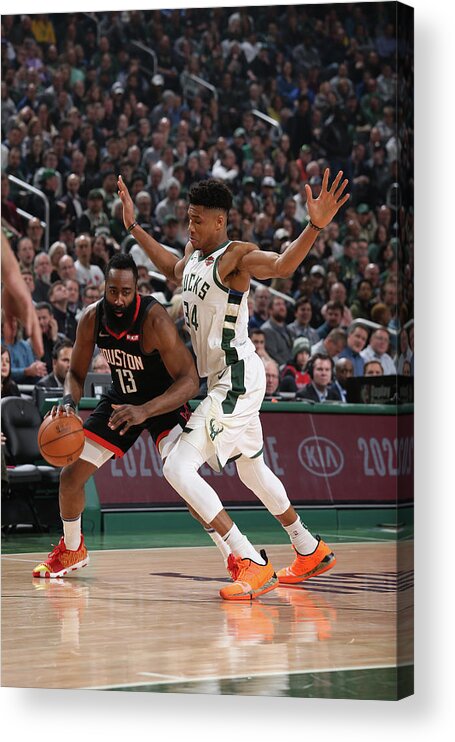 Nba Pro Basketball Acrylic Print featuring the photograph Giannis Antetokounmpo and James Harden by Gary Dineen