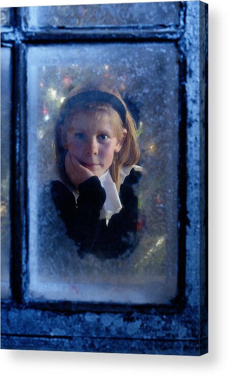 Child Acrylic Print featuring the photograph Girl Watching For Santa From Icy Window by Per-Eric Berglund