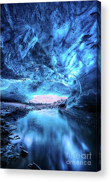 Iceland Acrylic Print featuring the photograph Glacial river flows through a blue ice cave. Part of the Vatnajo by Jane Rix