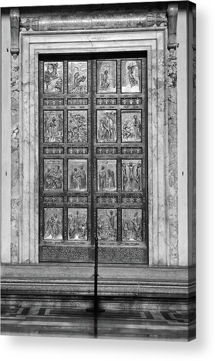Holy Door Acrylic Print featuring the photograph Golden Friezes of the Holy Door in Vatican City Rome Italy Black and White by Shawn O'Brien