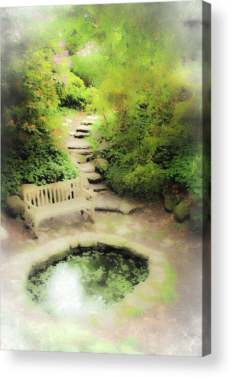 Pond Water Bench Stone Steps Fog Acrylic Print featuring the photograph Hazy Pond by John Linnemeyer